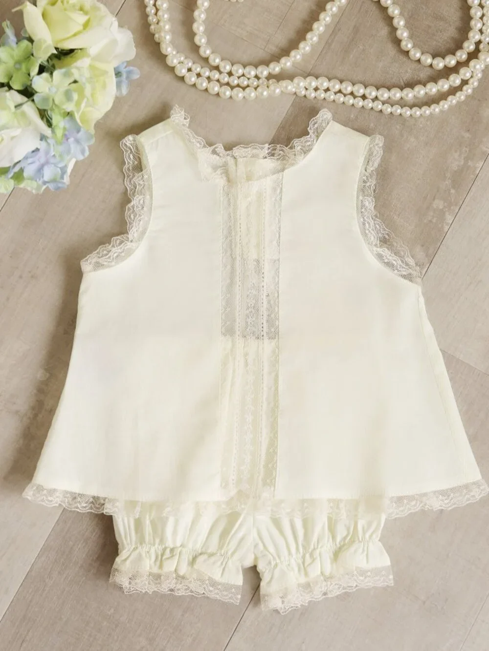 Yellow Cotton Heirloom Diaper Set Ivory Vintage lace Inlays Trapeze Top Fly back